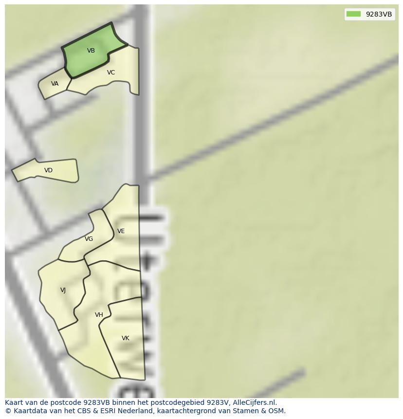 Afbeelding van het postcodegebied 9283 VB op de kaart.