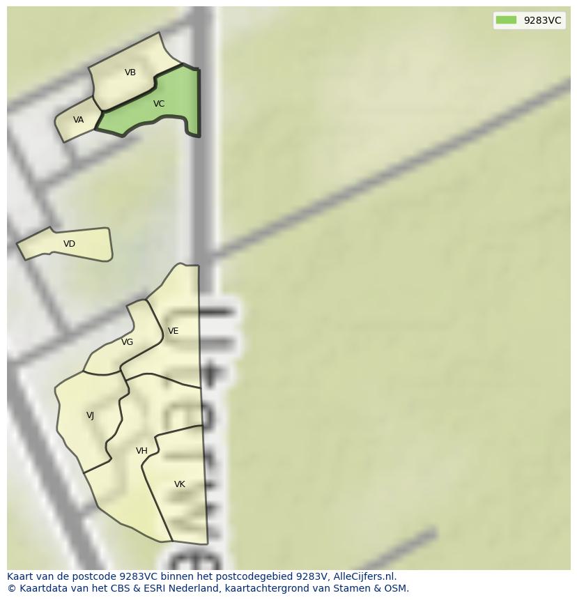 Afbeelding van het postcodegebied 9283 VC op de kaart.