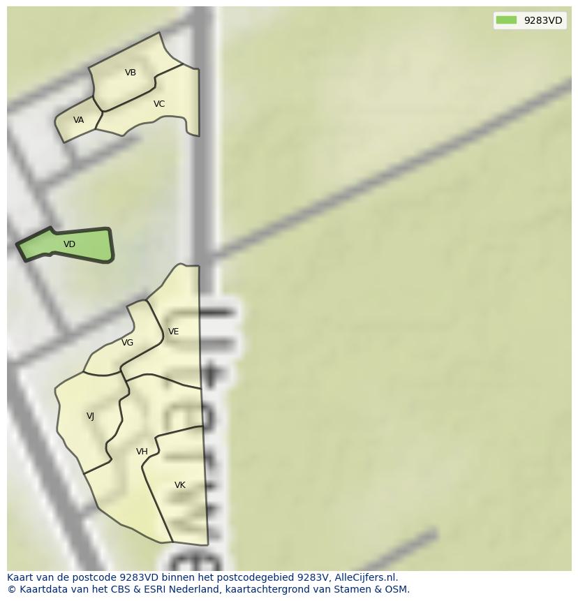 Afbeelding van het postcodegebied 9283 VD op de kaart.
