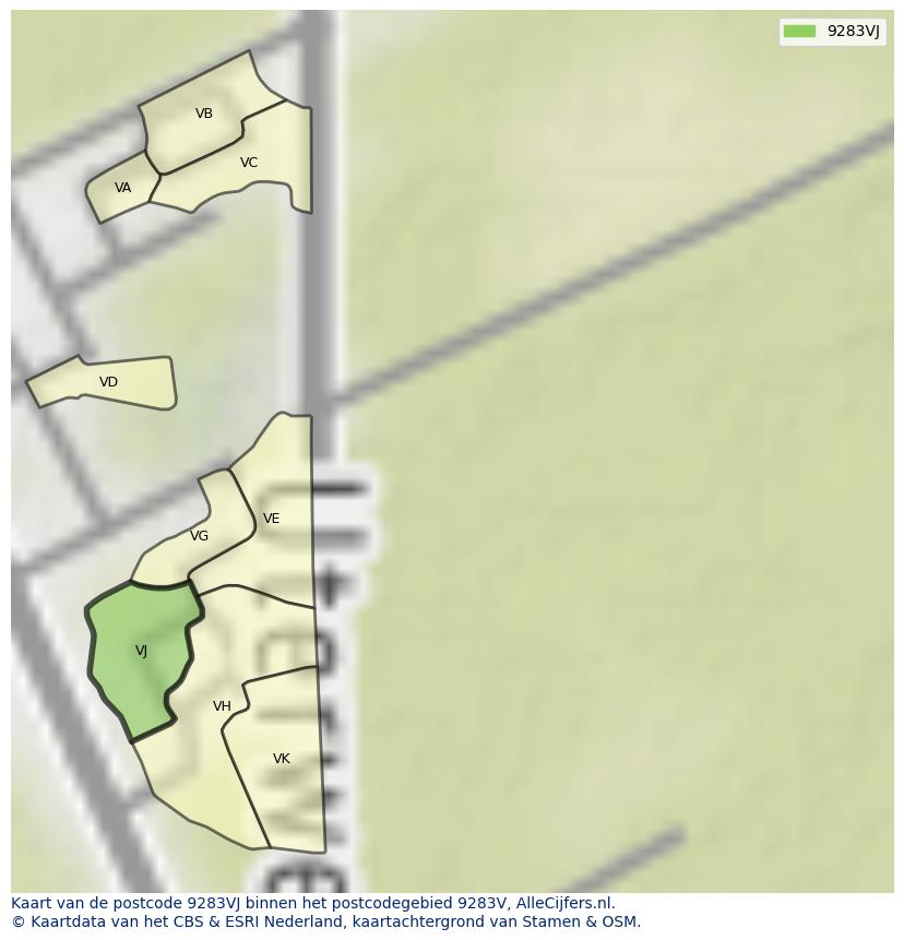 Afbeelding van het postcodegebied 9283 VJ op de kaart.