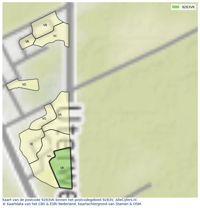 Afbeelding van het postcodegebied 9283 VK op de kaart.