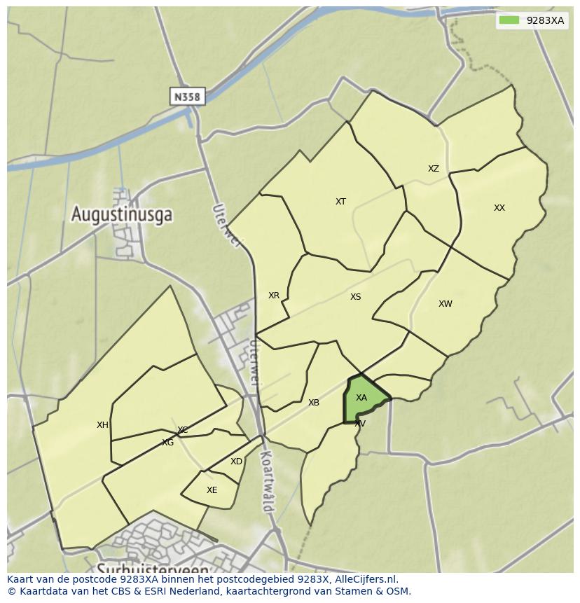 Afbeelding van het postcodegebied 9283 XA op de kaart.