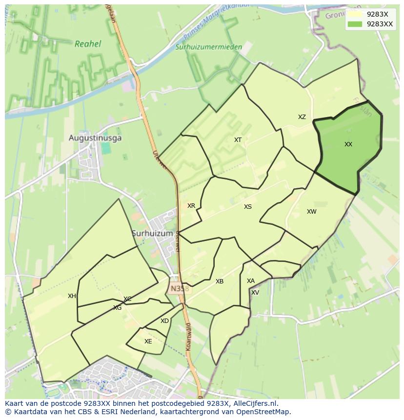 Afbeelding van het postcodegebied 9283 XX op de kaart.