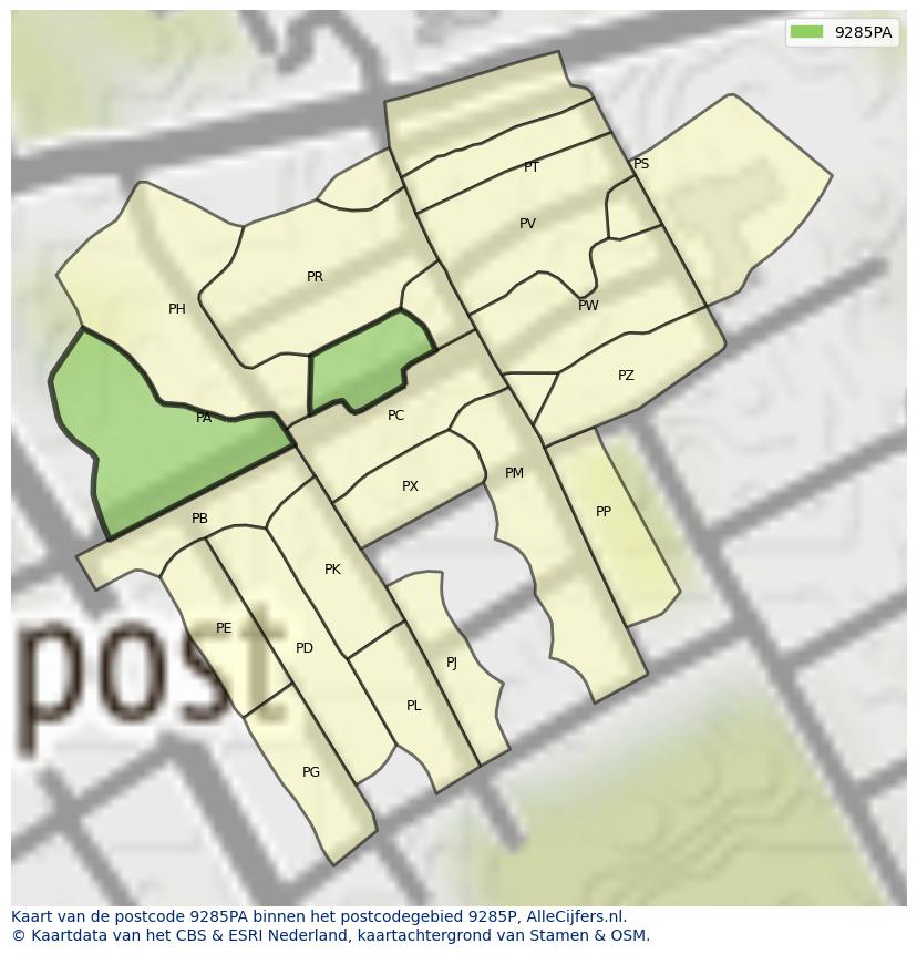 Afbeelding van het postcodegebied 9285 PA op de kaart.