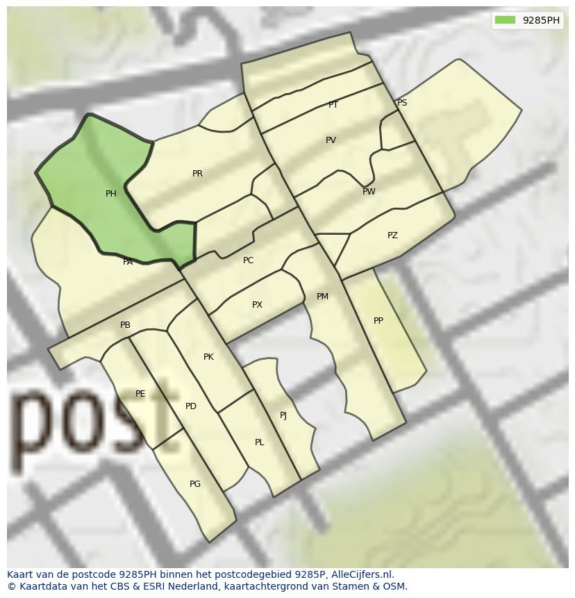 Afbeelding van het postcodegebied 9285 PH op de kaart.
