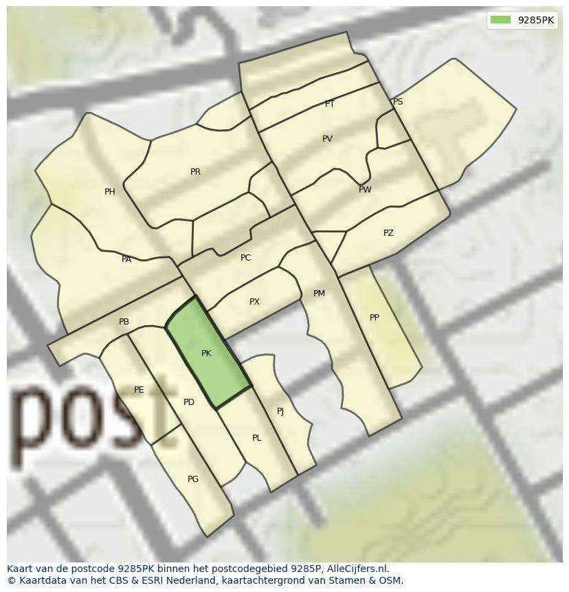 Afbeelding van het postcodegebied 9285 PK op de kaart.