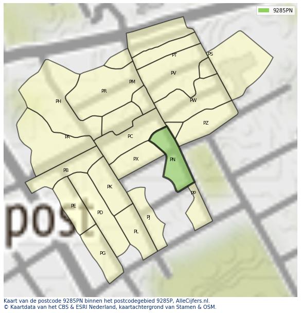 Afbeelding van het postcodegebied 9285 PN op de kaart.
