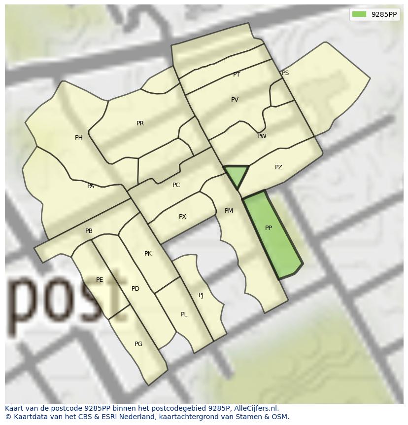Afbeelding van het postcodegebied 9285 PP op de kaart.