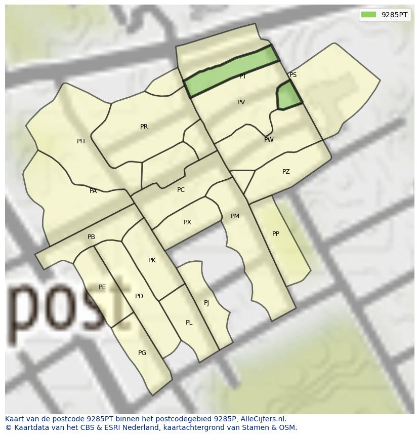 Afbeelding van het postcodegebied 9285 PT op de kaart.