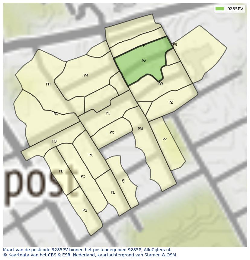 Afbeelding van het postcodegebied 9285 PV op de kaart.
