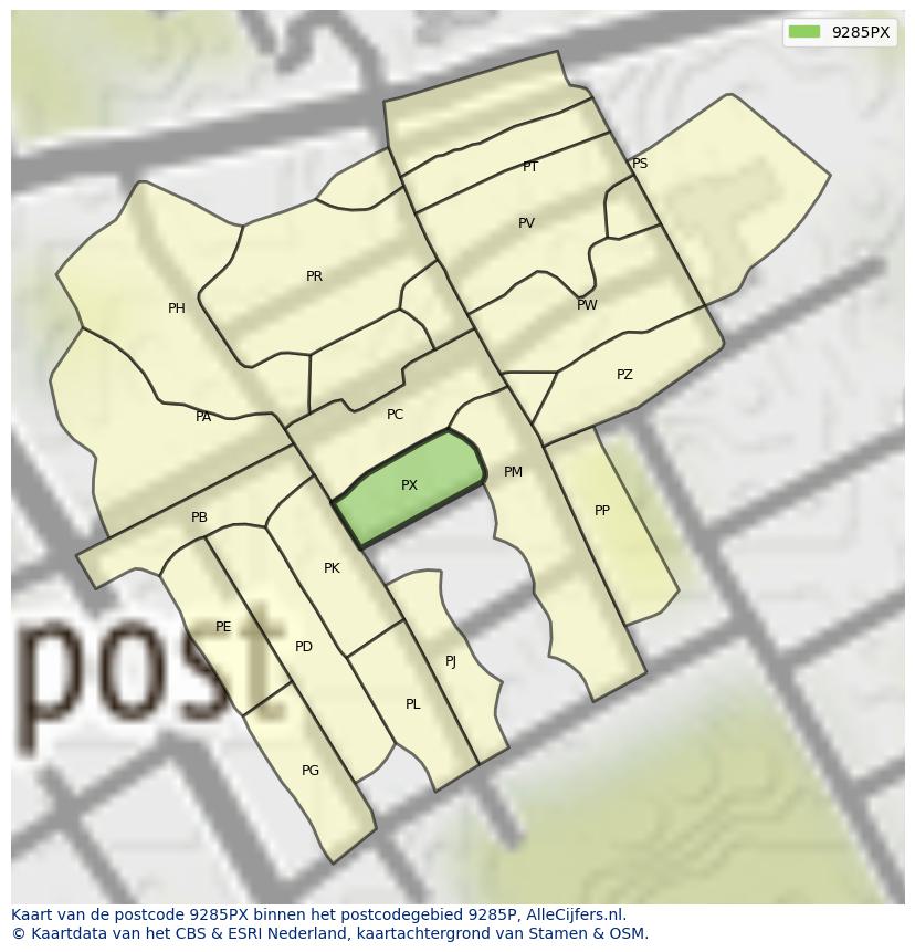 Afbeelding van het postcodegebied 9285 PX op de kaart.