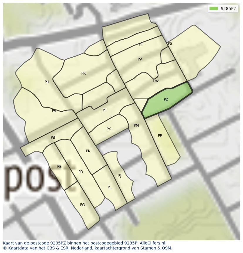 Afbeelding van het postcodegebied 9285 PZ op de kaart.