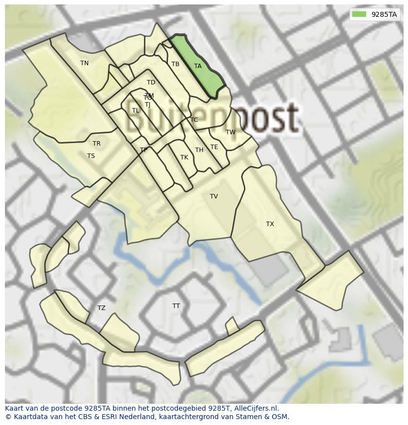 Afbeelding van het postcodegebied 9285 TA op de kaart.