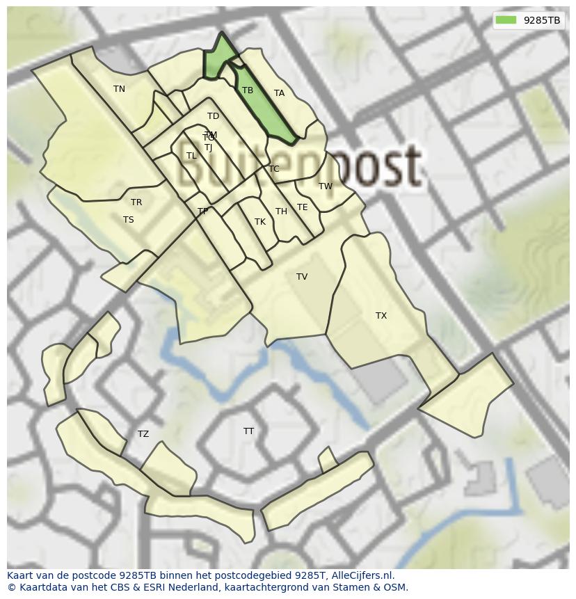 Afbeelding van het postcodegebied 9285 TB op de kaart.