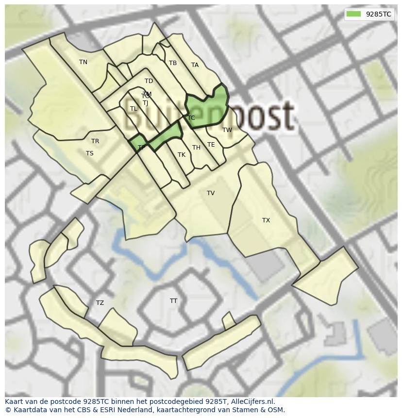 Afbeelding van het postcodegebied 9285 TC op de kaart.