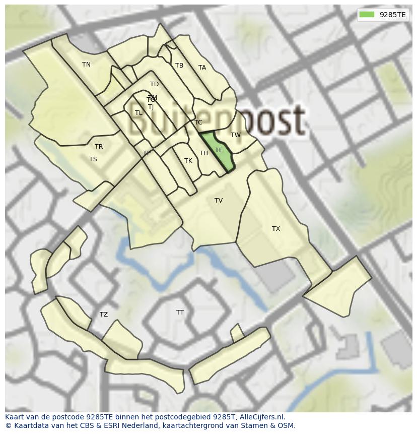 Afbeelding van het postcodegebied 9285 TE op de kaart.