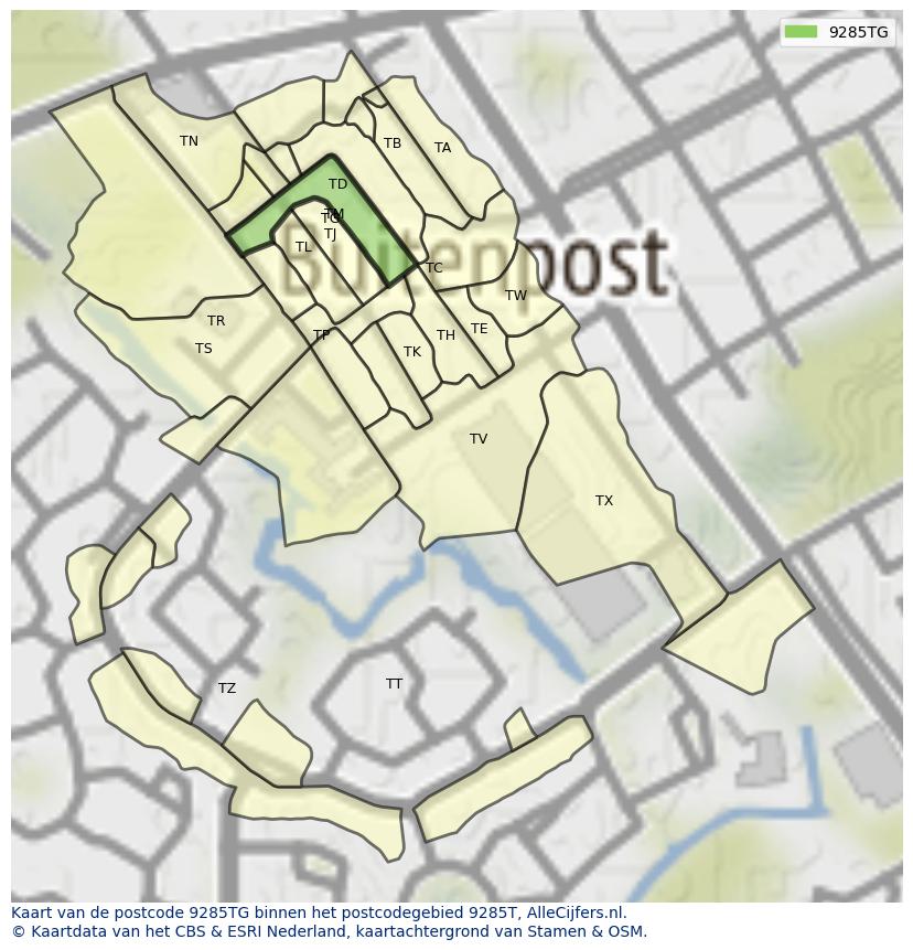 Afbeelding van het postcodegebied 9285 TG op de kaart.