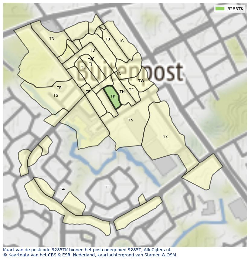 Afbeelding van het postcodegebied 9285 TK op de kaart.