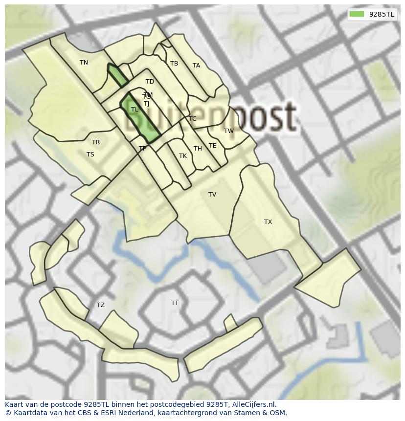 Afbeelding van het postcodegebied 9285 TL op de kaart.