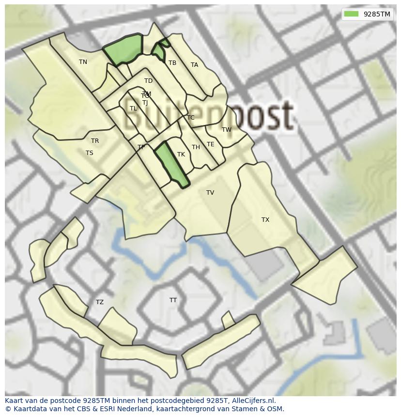 Afbeelding van het postcodegebied 9285 TM op de kaart.