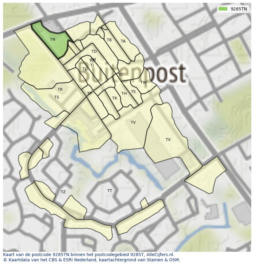 Afbeelding van het postcodegebied 9285 TN op de kaart.