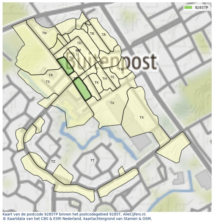 Afbeelding van het postcodegebied 9285 TP op de kaart.