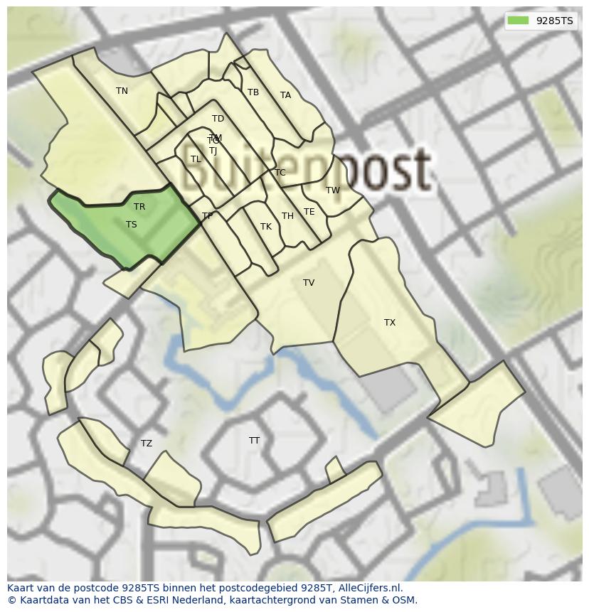 Afbeelding van het postcodegebied 9285 TS op de kaart.