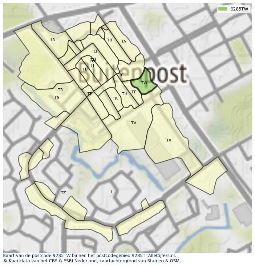 Afbeelding van het postcodegebied 9285 TW op de kaart.