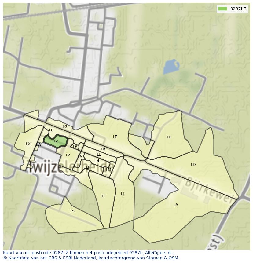 Afbeelding van het postcodegebied 9287 LZ op de kaart.