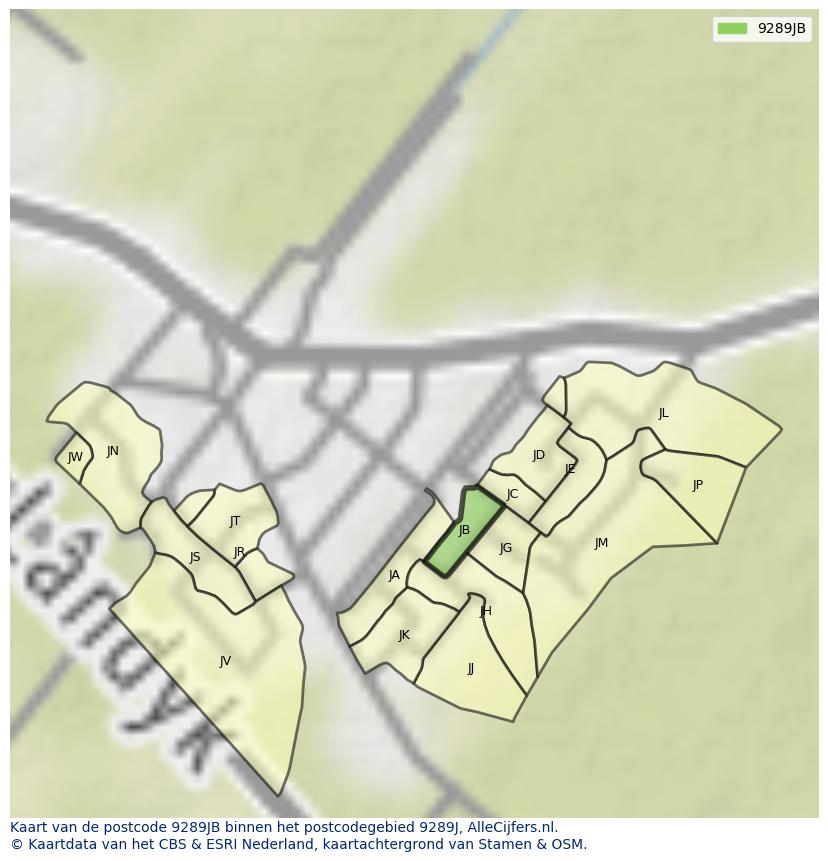 Afbeelding van het postcodegebied 9289 JB op de kaart.