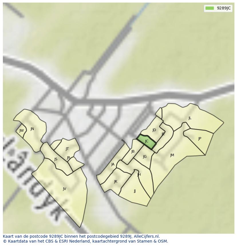 Afbeelding van het postcodegebied 9289 JC op de kaart.