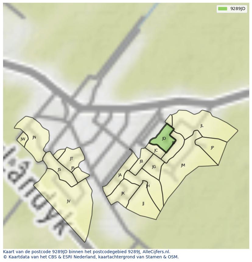 Afbeelding van het postcodegebied 9289 JD op de kaart.