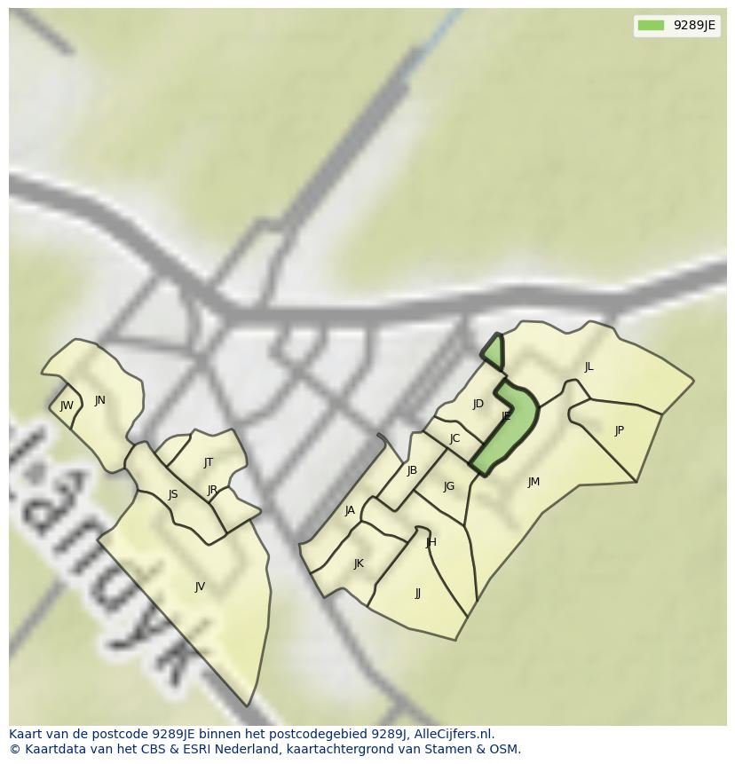 Afbeelding van het postcodegebied 9289 JE op de kaart.