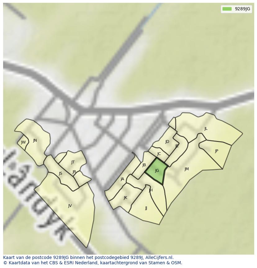 Afbeelding van het postcodegebied 9289 JG op de kaart.
