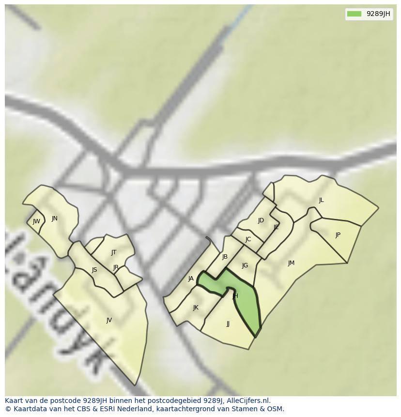 Afbeelding van het postcodegebied 9289 JH op de kaart.
