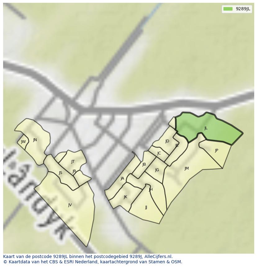 Afbeelding van het postcodegebied 9289 JL op de kaart.