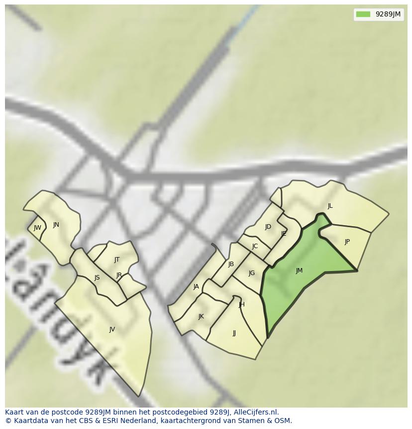 Afbeelding van het postcodegebied 9289 JM op de kaart.