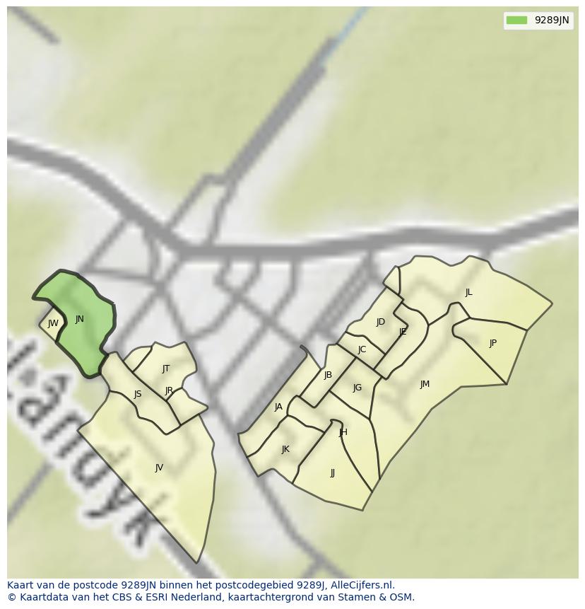 Afbeelding van het postcodegebied 9289 JN op de kaart.