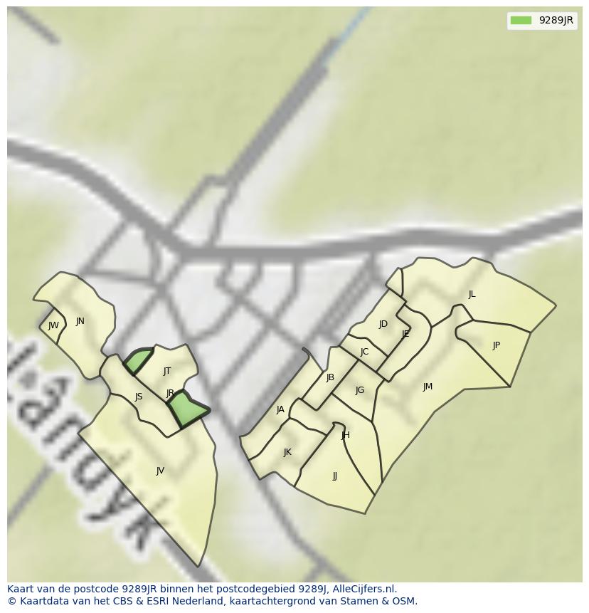 Afbeelding van het postcodegebied 9289 JR op de kaart.