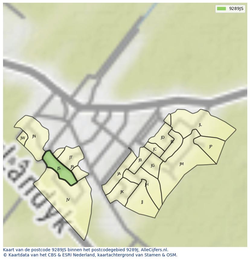 Afbeelding van het postcodegebied 9289 JS op de kaart.