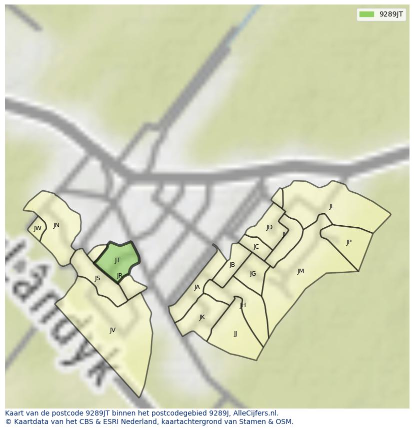 Afbeelding van het postcodegebied 9289 JT op de kaart.