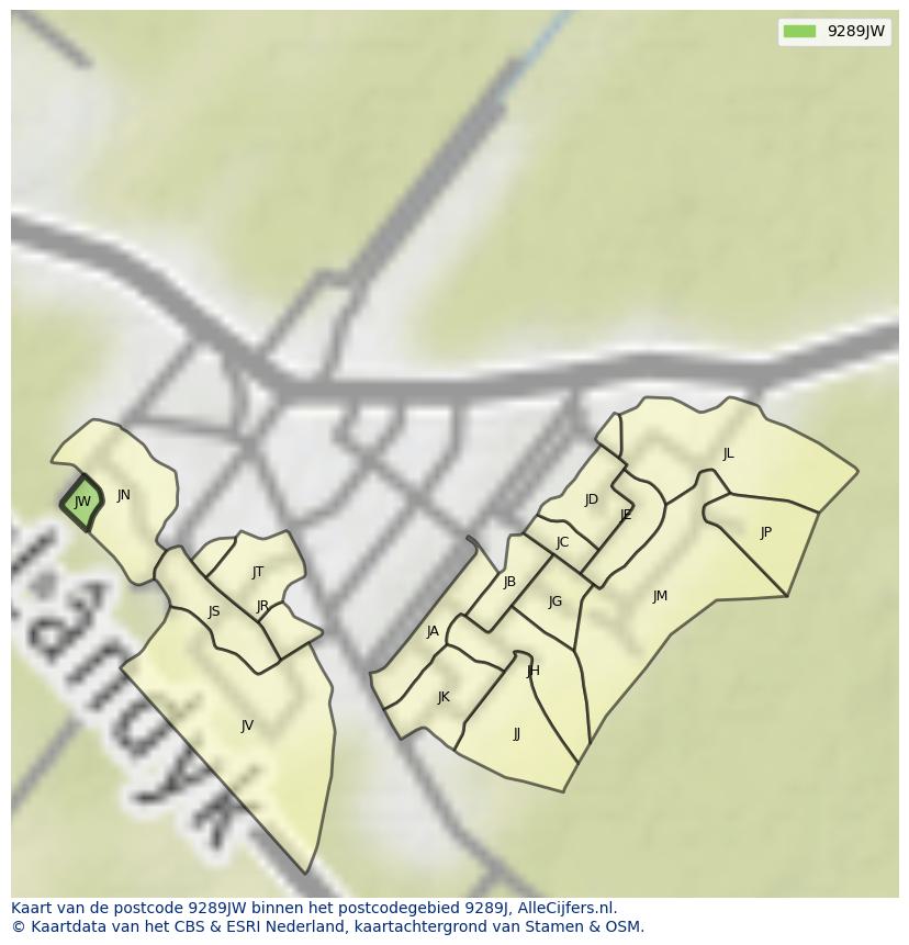 Afbeelding van het postcodegebied 9289 JW op de kaart.