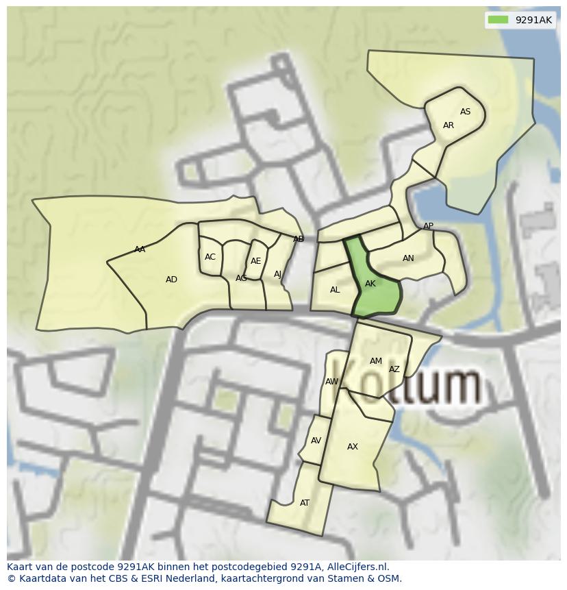 Afbeelding van het postcodegebied 9291 AK op de kaart.