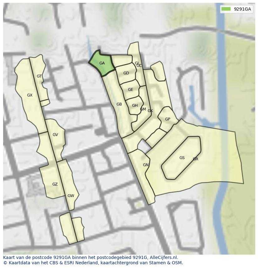 Afbeelding van het postcodegebied 9291 GA op de kaart.