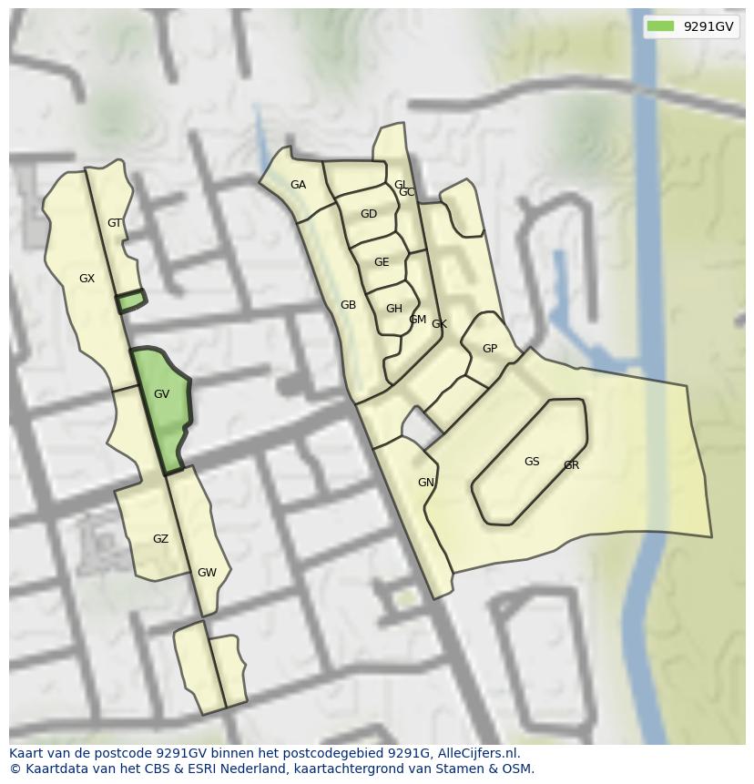 Afbeelding van het postcodegebied 9291 GV op de kaart.