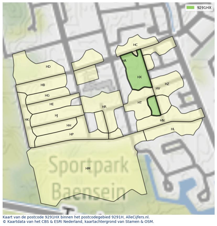 Afbeelding van het postcodegebied 9291 HX op de kaart.