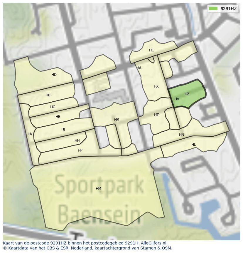 Afbeelding van het postcodegebied 9291 HZ op de kaart.