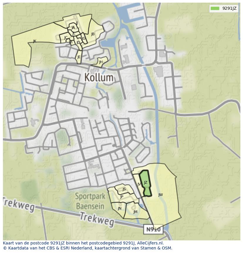 Afbeelding van het postcodegebied 9291 JZ op de kaart.