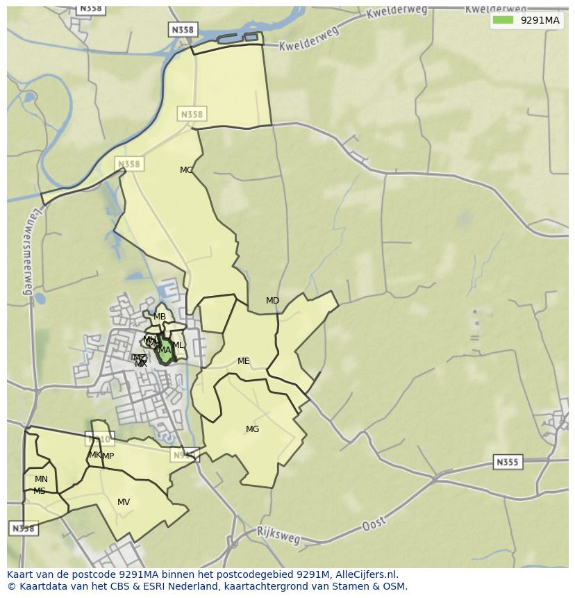Afbeelding van het postcodegebied 9291 MA op de kaart.