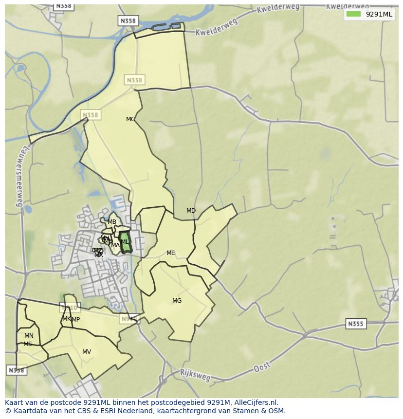 Afbeelding van het postcodegebied 9291 ML op de kaart.